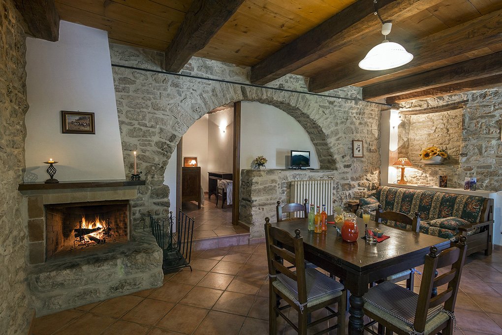 kitchen with furniture and fireplace
