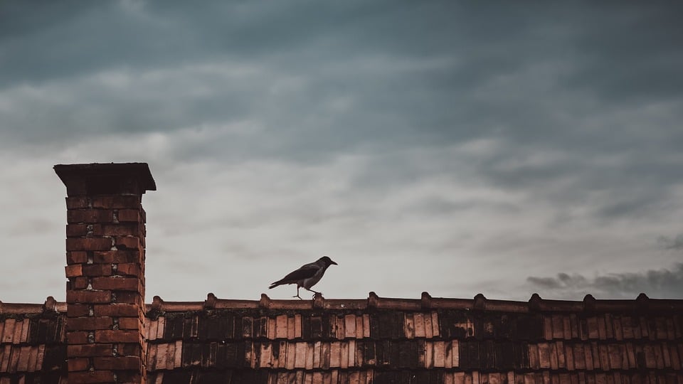 A large brick building with a bird on a cloudy day